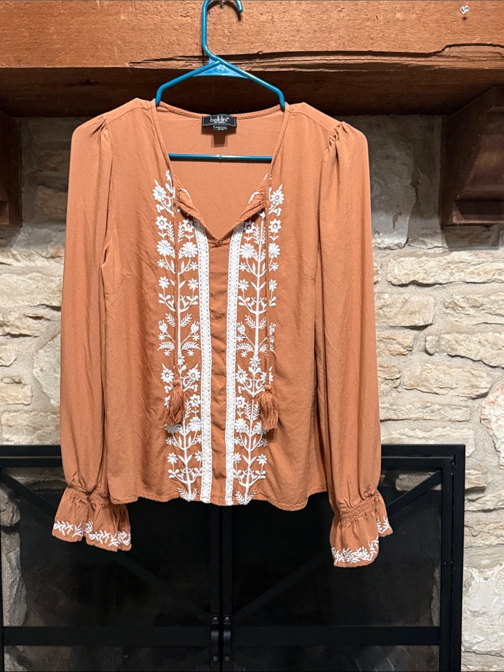 Belldini Rust Orange Embroidered Long-Sleeve Boho Blouse